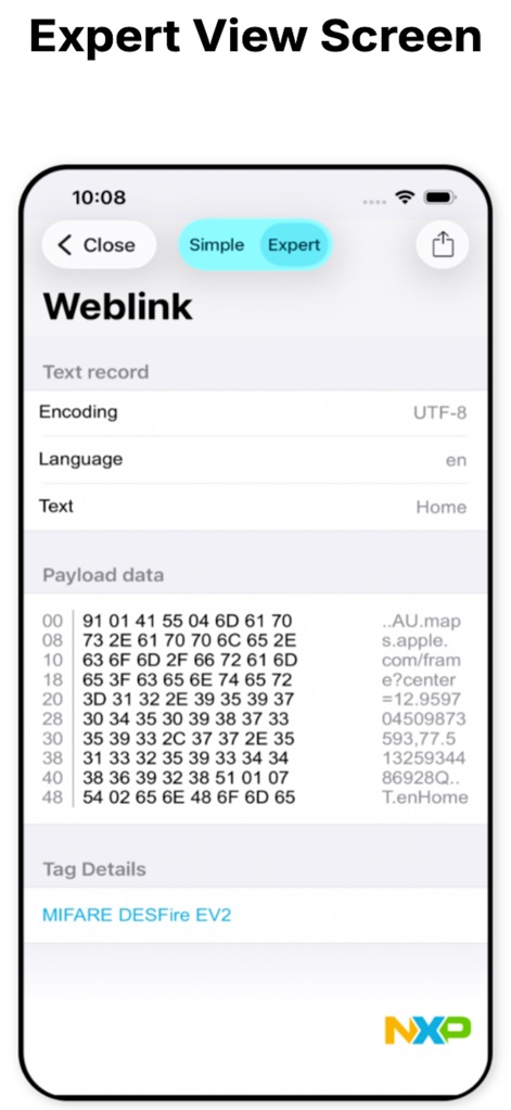 NFC TagInfo by NXP - Toggle to the "Expert" view to examine raw "Payload data" in hexadecimal format and detailed "Text record" information, crucial for developers.