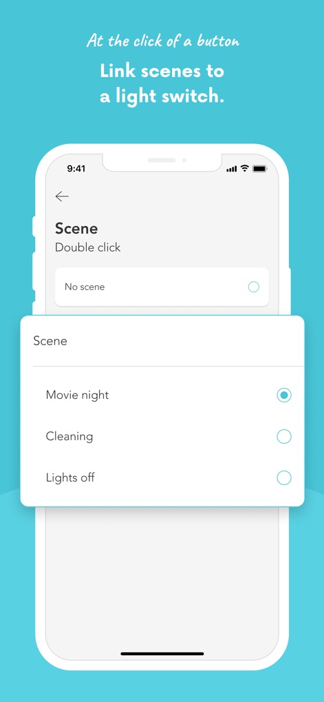 Plejd - この画面を通じて、ユーザーは「Movie night」のような既存のシーンを一覧から選択し、物理的なライトスイッチのアクションに連携させることができます。