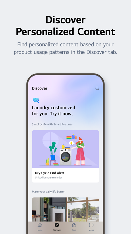 LG ThinQ App Store screenshot 3, headline “Discover Personalized Content”. High contrast words.