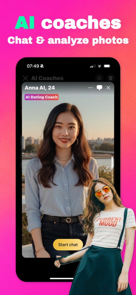 Video Dating App - Minglify - This tool introduces 'AI Coaches', offering personalized guidance from an 'AI Dating Coach' like Anna AI, accessible through a 'Start chat' button.