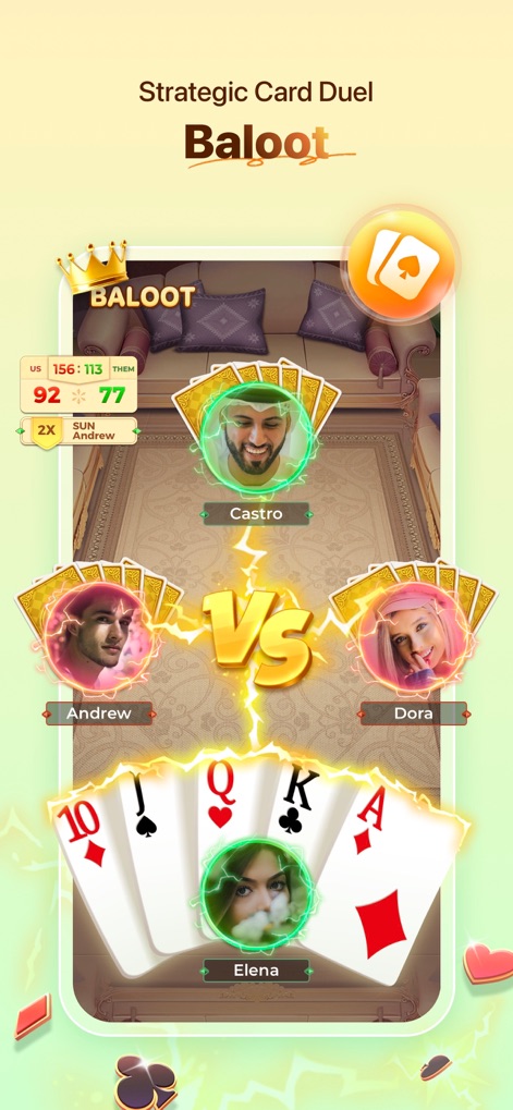 Yalla - Play Game & Voice Chat - Delve into the strategic Baloot card game, showcasing individual player hands and the detailed score tracking system.