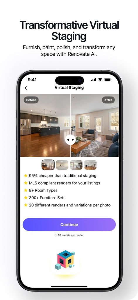 Renovate AI - Home Design - Le service de "Staging Virtuel" affiche une "comparaison Avant/Après" impressionnante et propose l'utilisation de plus de "300 ensembles de meubles" pour agencer les pièces.
