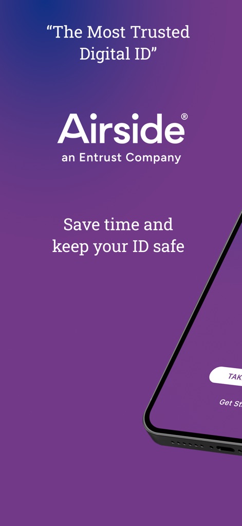 Airside Digital Identity - The app's initial screen clearly communicates its trusted branding as an 'Entrust Company' and invites users to 'Get Started' with a secure digital identity.