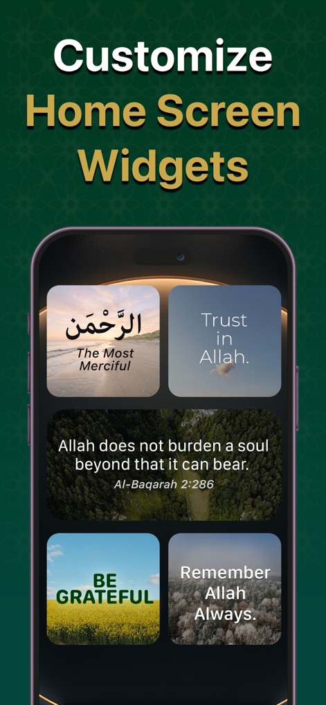 Ayat Online - Quran Widgets - Gestalten Sie Ihren Startbildschirm mit inspirierenden Widgets, die Koranverse und ermutigende islamische Phrasen in verschiedenen Designs darstellen.