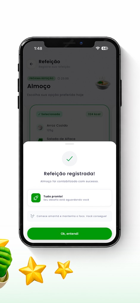 Nutri Inteligente - Os usuários podem facilmente registrar suas refeições por meio da tela de seleção de pratos, confirmada com um pop-up claro de "Refeição registrada!" que otimiza a experiência.