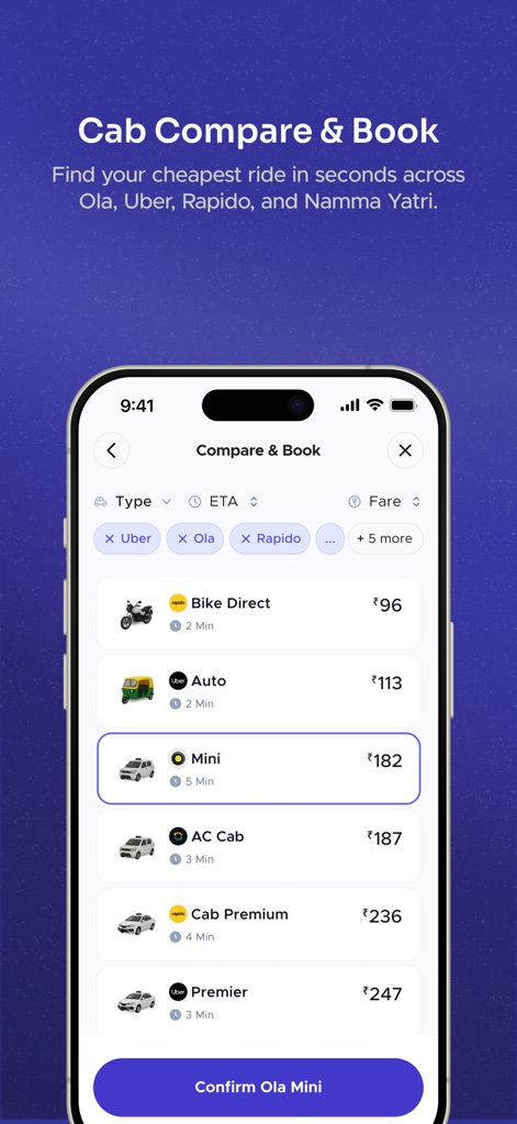 Buyhatke:AI Shopping assistant - Effortlessly compare ride options from various providers like Ola and Uber, and view their respective fares for quick decisions.