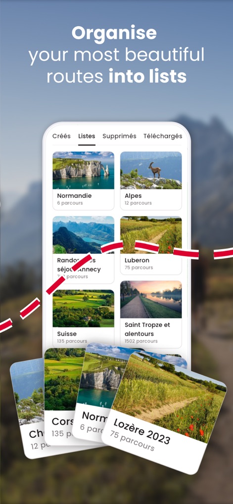 OpenRunner – Bike, hike, trail - Los usuarios pueden organizar sus rutas en listas personalizadas, como "Normandie" y "Alpes", visualizando cada colección con imágenes en miniatura que representan los diferentes recorridos.