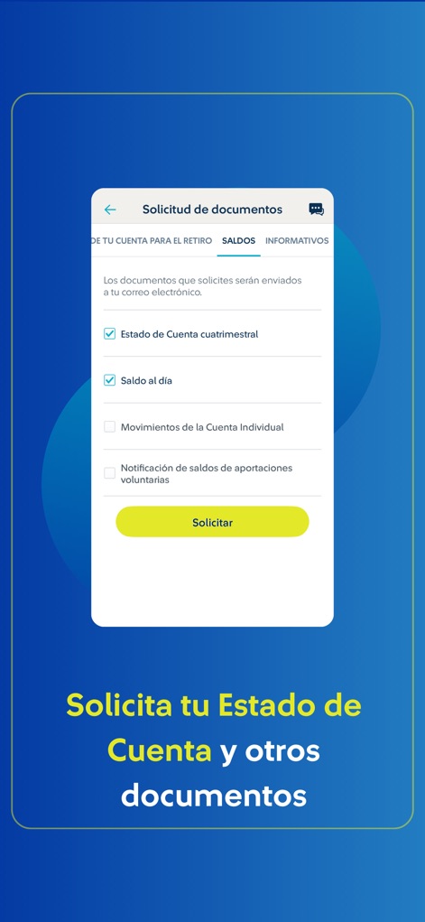 Afore SURA: Ahorro y Retiro - La sección de solicitud de documentos facilita la gestión de información, permitiendo a los usuarios pedir su 'Estado de Cuenta cuatrimestral' y verificar su 'Saldo al día' con facilidad.