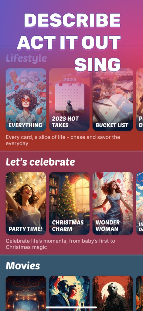 Headbands: Charades for Adults - Browse the app's rich library of themed decks, categorized into sections such as "Lifestyle" and "Let's celebrate" with engaging visual artwork.