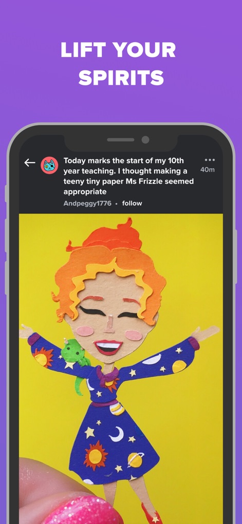Imgur: Funny Memes & GIF Maker - La aplicación muestra creaciones edificantes, como una "Ms. Frizzle" hecha de papel con colores vibrantes, diseñado para levantar el ánimo de los usuarios.
