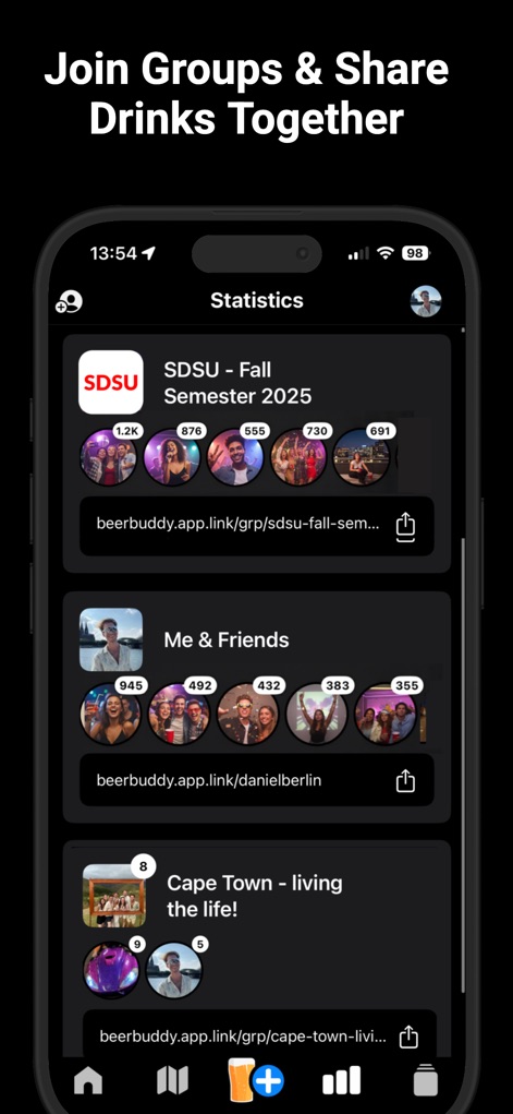 Beer Buddy - Friends Alerts - La plateforme encourage la connexion entre amis via l'organisation en groupes thématiques, mettant en évidence les aperçus des membres de chaque groupe pour faciliter les retrouvailles.
