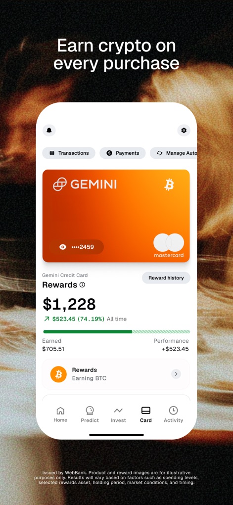 Gemini Markets & Credit Card - 이 앱은 제미니 신용카드의 리워드 적립 내역을 보여주며, 사용자가 구매 활동을 통해 비트코인 보상과 같은 암호화폐를 손쉽게 받을 수 있음을 강조합니다.