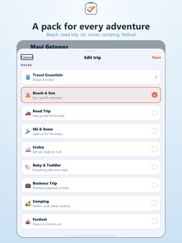 Packing List: Trip Checklist iPad screenshot
