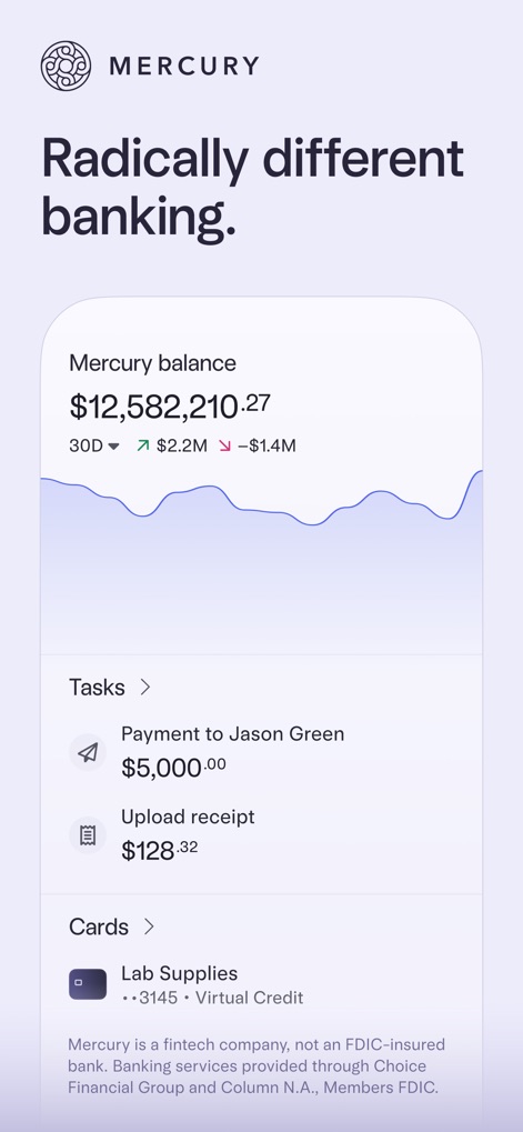 Mercury | Bank Differently - The app provides a comprehensive overview, displaying the user's total "Mercury balance" and highlighting actionable items in the "Tasks section" for immediate attention.