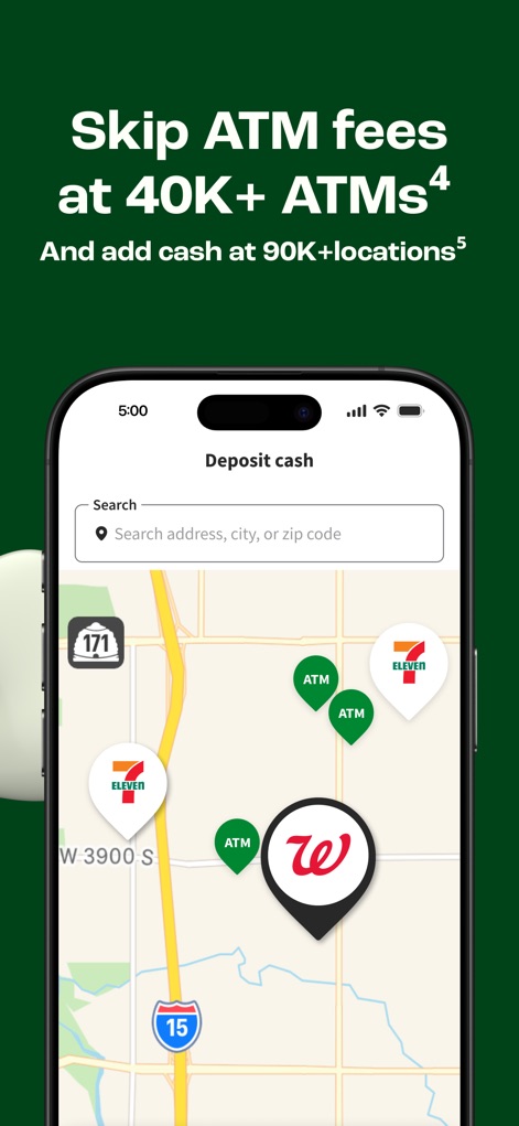 Dave: Credit, Cash & Money App - View the integrated map feature that helps users locate 40K+ fee-free MoneyPass ATMs and 90K+ cash deposit locations for unparalleled convenience.