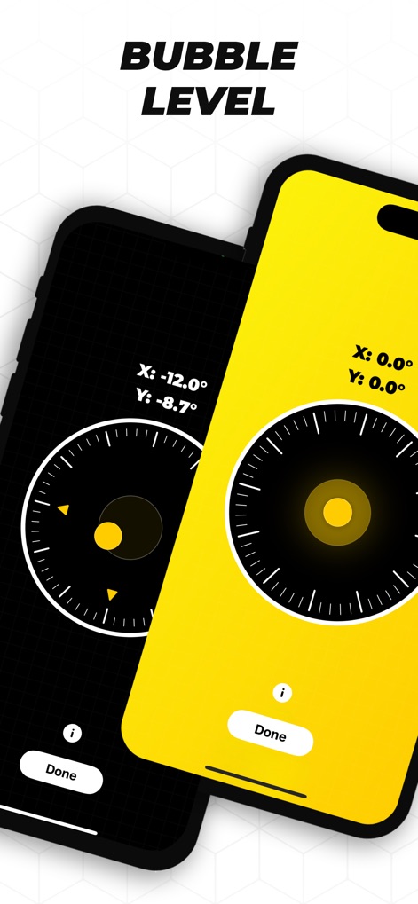 Tape Measure™ - La herramienta de nivel de burbuja garantiza una nivelación perfecta, presentando una comparación visual de un estado desnivelado con valores X: -12.0° e Y: -8.7°, y un estado perfectamente nivelado con 0.0° en ambos ejes.