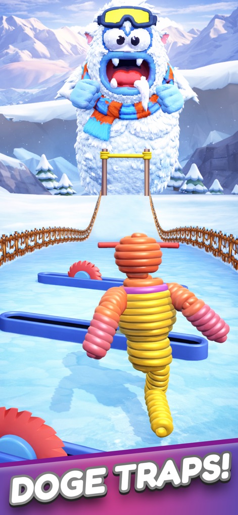 Rope Man: Monster Battle Run - This scene highlights the character's agility as it evades treacherous buzzsaw obstacles within a visually striking frozen environment.