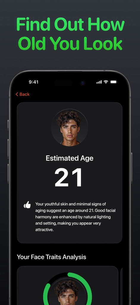 Maxxing: LooksMaxxing Glow Up - Users discover their estimated perceived age, accompanied by detailed feedback highlighting youthful skin and favorable facial harmony.