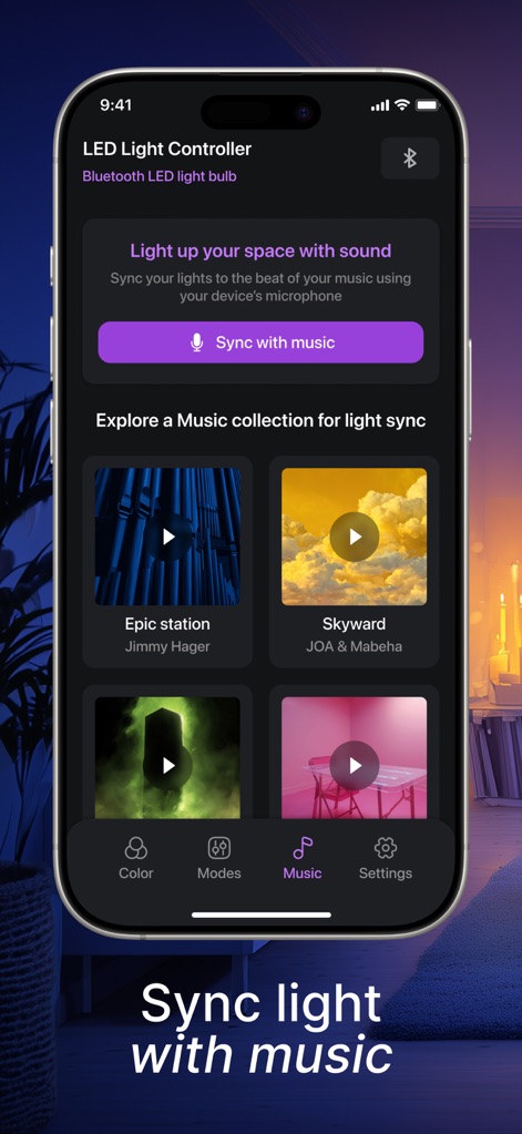 LED light controller LED lamp - Esta función sincroniza las luces con la música a través del micrófono del dispositivo y ofrece una colección de música seleccionada para explorar y acompañar visualmente el audio.