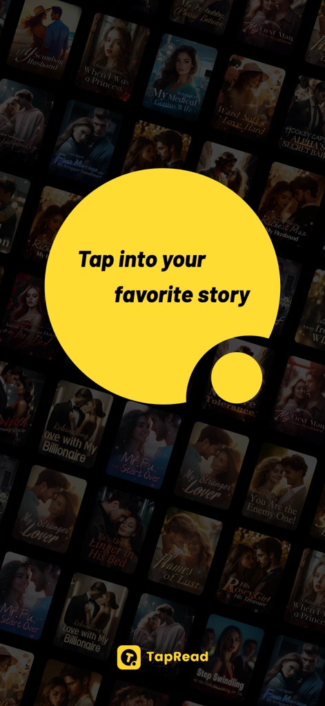TapRead - Read Good Story - The app emphasizes effortless access to a multitude of stories, visually represented by a vibrant collage of book covers and an inviting call to action within a distinctive speech bubble graphic.