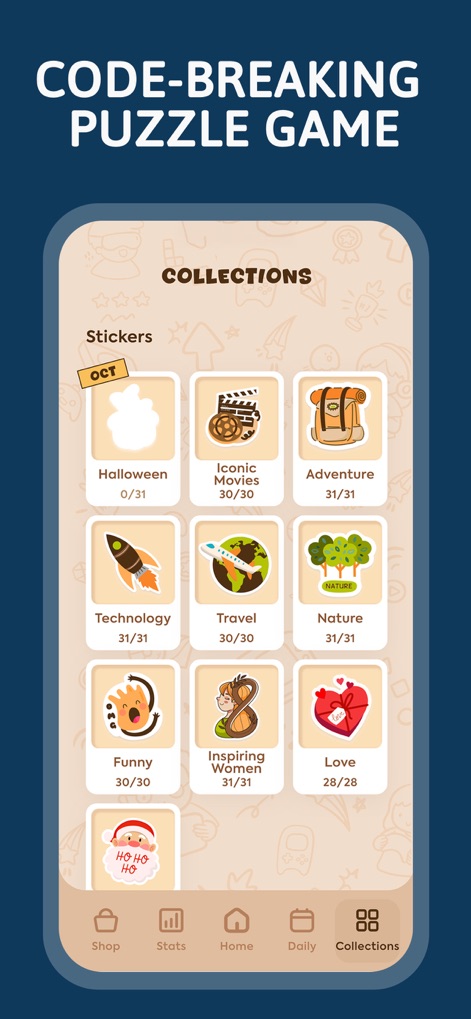 Cryptogram: Number & Word Game - 이 앱은 사용자가 다양한 테마의 퍼즐 팩을 탐색하고 수집할 수 있는 흥미로운 컬렉션 기능을 제공합니다. "Halloween" 및 "Iconic Movies"와 같은 다양한 테마의 스티커 컬렉션과 각 컬렉션의 진행률이 눈에 띄게 표시됩니다.