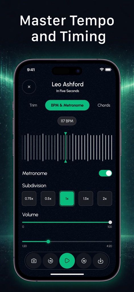Stem Music and Voice Remover - Learn how users can finely adjust track tempo with the BPM slider and utilize the metronome with various subdivision settings for perfect timing.
