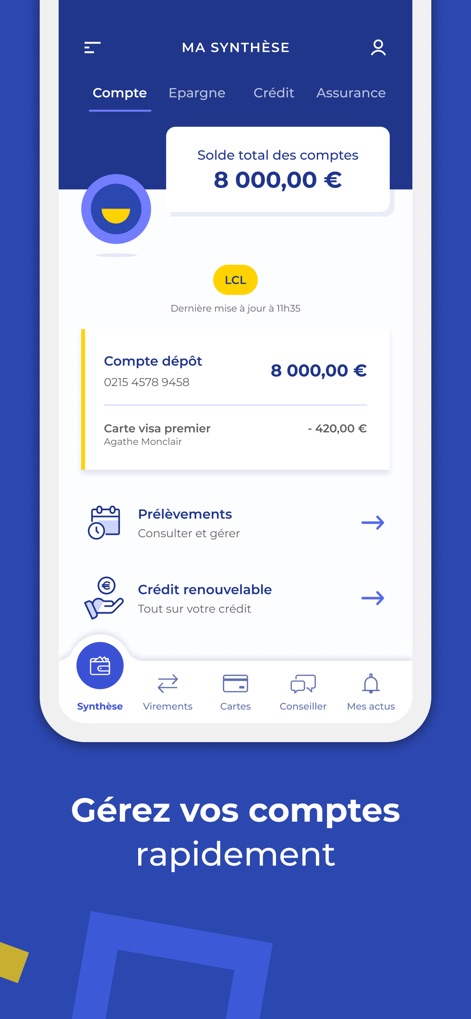 Mes Comptes - LCL - This interface centralizes financial data, allowing users to view "Solde total des comptes" and manage "Prélèvements" efficiently from one screen.