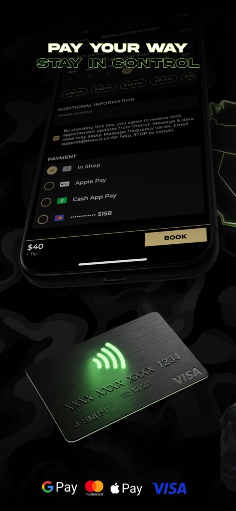 theCut: Barbershop Booking - Users can conveniently complete transactions with multiple payment options like 'Apple Pay' and 'Cash App Pay', ensuring a smooth and secure digital payment experience within the app.