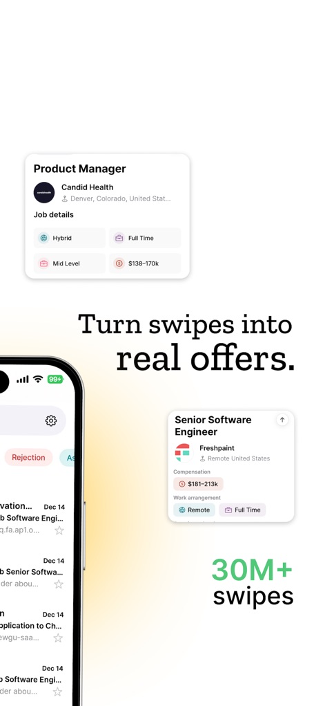 Sorce - AI Job Search - This tool helps convert swipes into concrete opportunities, showcasing job cards like "Senior Software Engineer" with competitive compensation ranges and highlighting "30M+ swipes" from users.