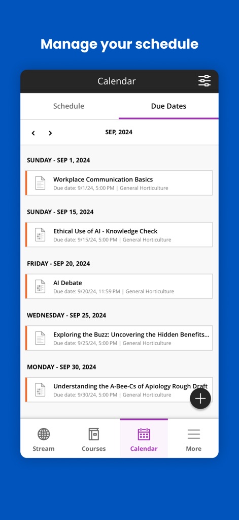 Blackboard - The app helps users manage their time effectively, offering a clear distinction between a general "Schedule" view and a focused list of "Due Dates" for all academic commitments.