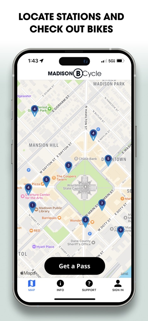 BCycle - This tool presents an intuitive map view showing station pins with real-time availability and allows users to quickly acquire a pass with the prominent "Get a Pass" button.