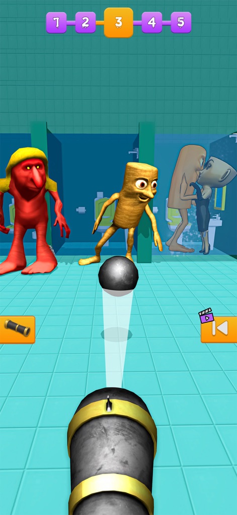 Rapid Punch Hero! - Esta imagen revela un escenario inusual, un baño con azulejos azules, donde un cañón en primer plano dispara una bola negra, apuntando a los extraños personajes presentes.