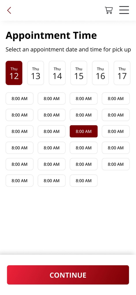 Nellis Auction - This screen enables flexible scheduling of pickups, displaying available dates from 'Thu 12' to 'Thu 17' and precise '8:00 AM' time slots.