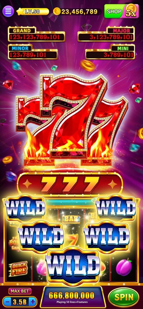 Lucky Jackpot Slots Casino - Users can explore the timeless "777" classic slot game, presenting a bold, fiery 777 graphic and a variety of "WILD" symbols like bars and cherries on the reels.