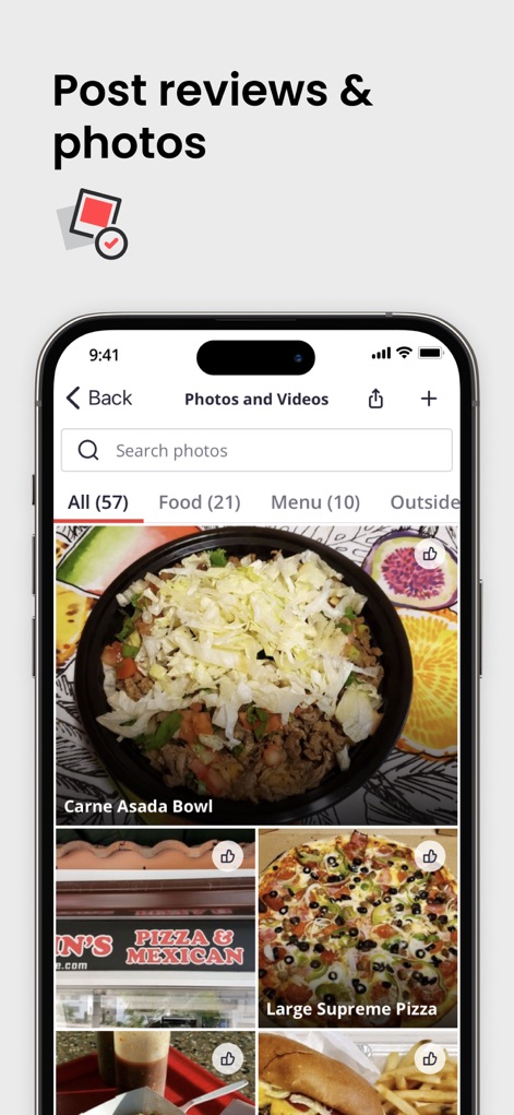 Yelp: Food, Services & Reviews - Os usuários podem publicar avaliações e fotos de negócios, com opções para filtrar as imagens por categoria, como 'Comida' ou 'Menu'.