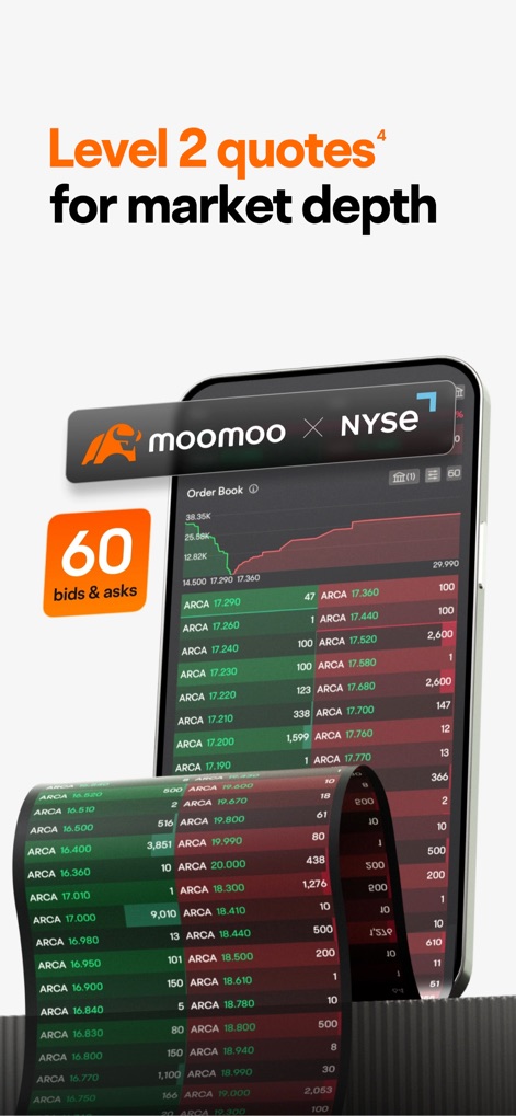moomoo: Investing & Trading - The app provides comprehensive Level 2 market quotes, showcasing an order book with detailed bids and asks for enhanced market depth analysis.