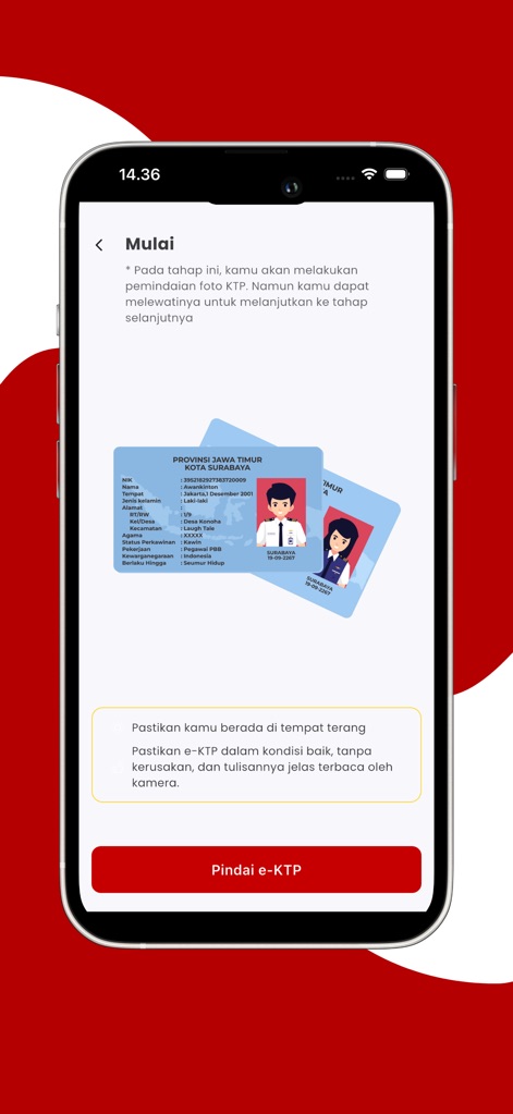 Sentuh Tanahku - The app guides users through the essential e-KTP scanning process, featuring a clear visual example of an e-KTP and specific instructions for successful identity verification.