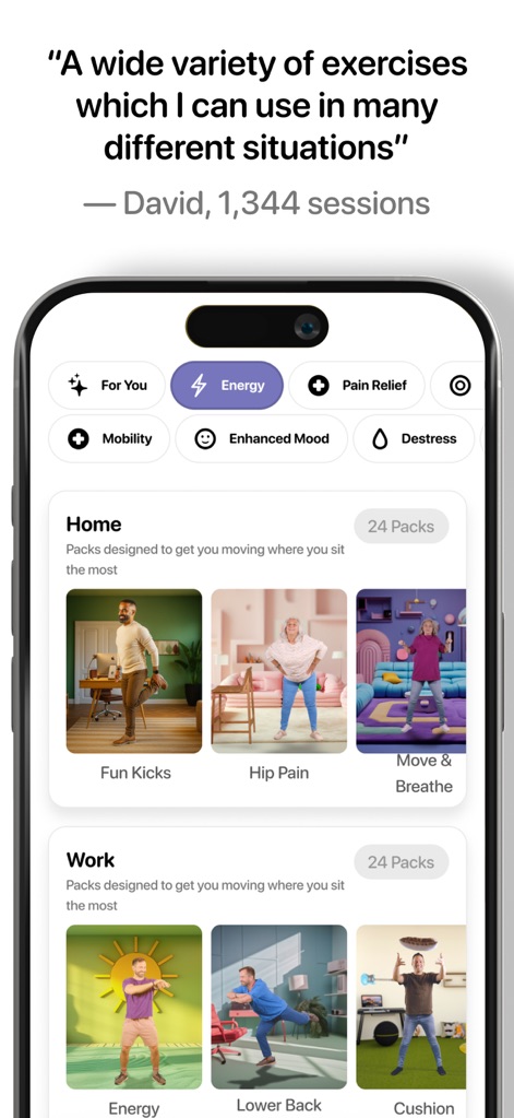 Wakeout! Desk Stretch & Energy - Explorez une "Bibliothèque Complète" de mouvements classés par catégories comme "Energy" ou "Mobility" et par lieux ("Home", "Work"), offrant une adaptabilité inégalée aux besoins des utilisateurs.
