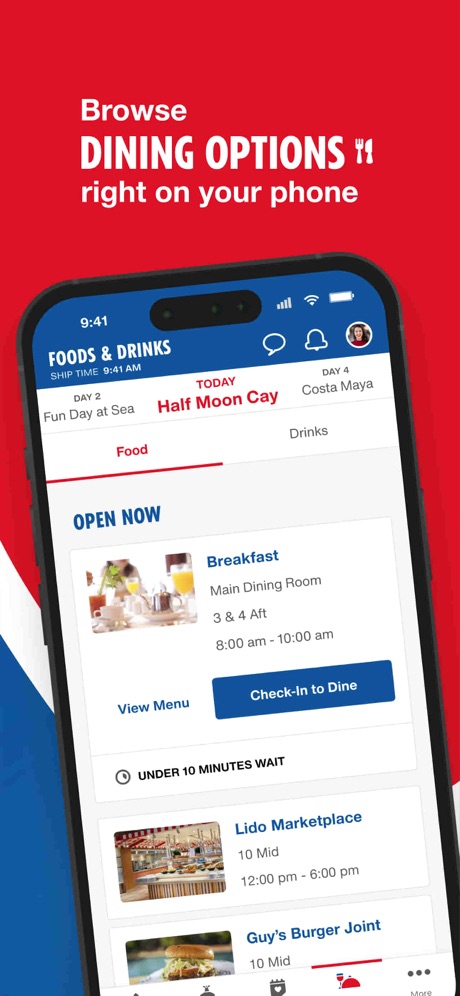 Carnival HUB App Store screenshot 3, headline “Browse DINING OPTIONS 🍴”. Red.