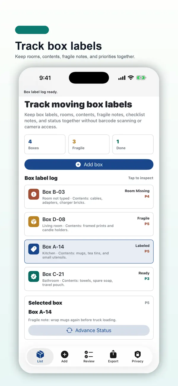 Screenshot #1 pour Move Box Label Log