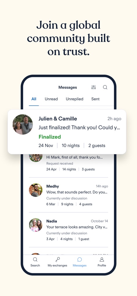 HomeExchange - House Swapping - La plataforma permite la comunicación directa entre miembros a través de un sistema de mensajería integrado, donde se pueden visualizar el estado de los intercambios como "Finalizado" y detalles relevantes de la conversación, incluyendo fechas y número de huéspedes.