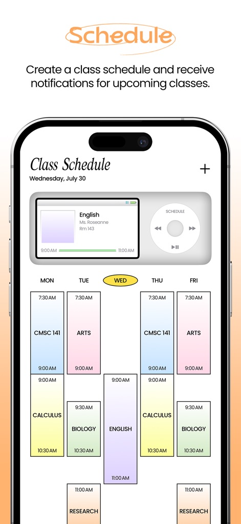 Folderly - Academic Organizer - O "Class Schedule" exibe um cronograma semanal claro, com "blocos de horário" para cada aula e "indicadores de dia" como "WED" para navegação fácil.