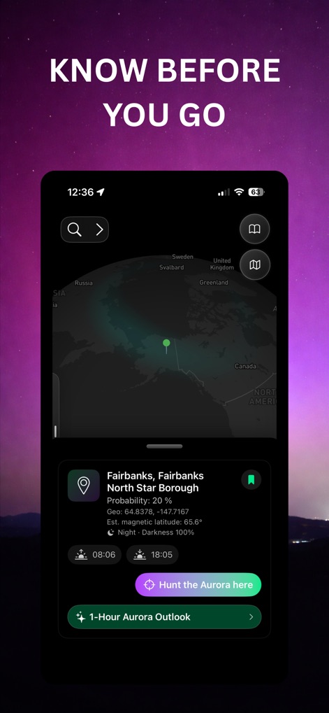 Auroras Forecast - マップ上で選択した地点の包括的な概要を提供し、オーロラ発生確率と磁気緯度を表示します。ユーザーは、最適な観測のために夜間の持続時間と日の出/日の入り時刻を事前に確認できます。
