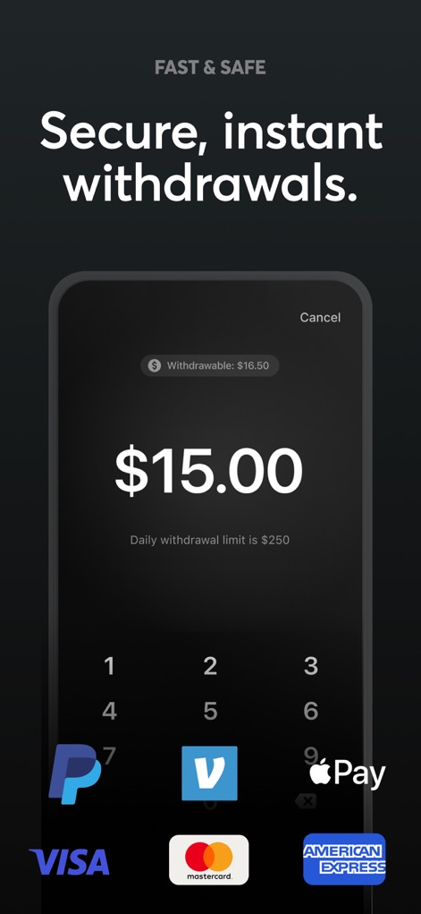 Triumph: Play for Cash - Review the "Secure, instant withdrawals" process, detailing the clear withdrawable amount and the variety of supported payment methods.