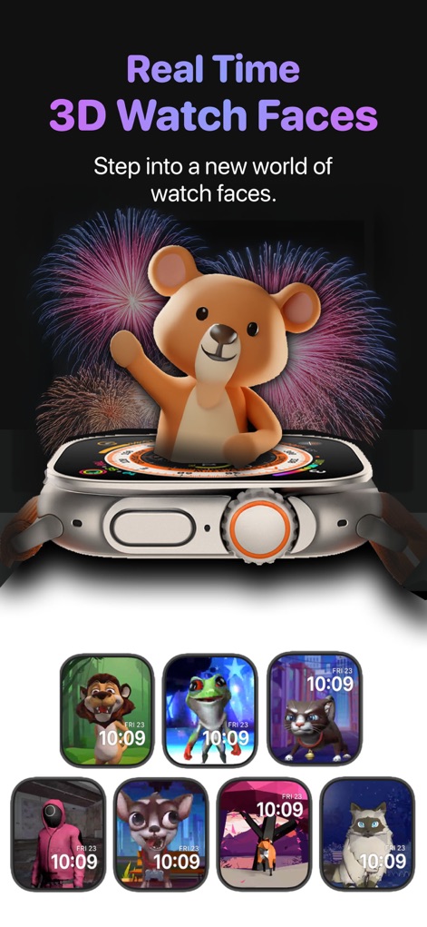 Watch Faces App - Watchmaker - 이 앱은 독특한 실시간 3D 워치 페이스를 제공하여, 화면 중앙의 입체적인 곰 캐릭터와 배경의 화려한 불꽃놀이를 통해 역동적인 시각 효과를 선사합니다.