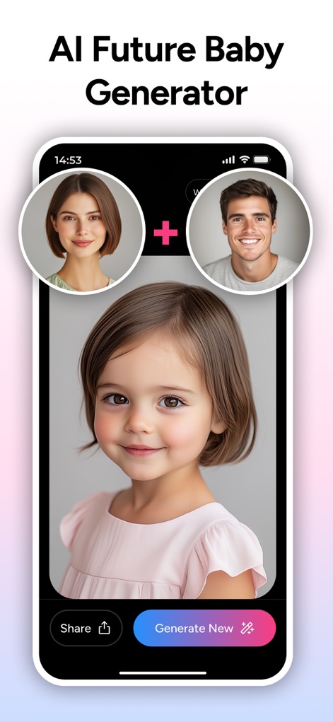 AI Baby Generator - TinyFaces - See how the app combines features from two parent photos, seamlessly generating a lifelike baby image with 'Share' and 'Generate New' options.