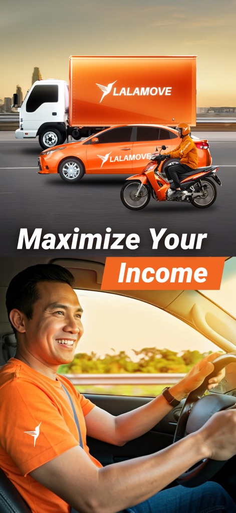Lalamove Driver - Drive & Earn - Esta captura destaca la diversidad de vehículos Lalamove disponibles para entregas y muestra a un conductor sonriente que representa las oportunidades de ingresos. Se aprecian diferentes vehículos como camiones, coches y motocicletas, junto a la imagen de un conductor satisfecho.