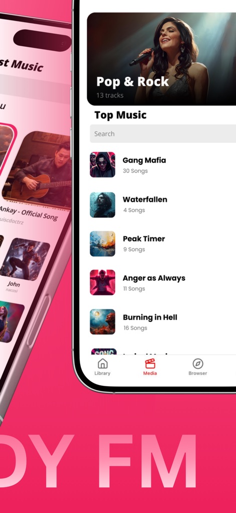 Tubidy Fm Offline Music Player - Gli utenti possono sfogliare collezioni curate come "Pop & Rock", visualizzando le playlist con il numero di brani e gestendo facilmente la propria esperienza di ascolto tramite la sezione Media della barra di navigazione.
