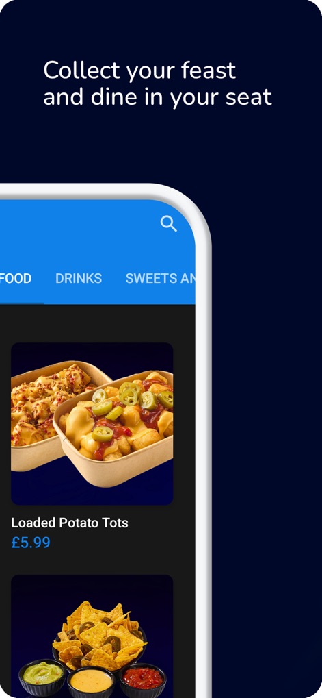 ODEON - Los usuarios pueden visualizar y seleccionar aperitivos apetitosos como los 'Loaded Potato Tots' con su precio detallado, y explorar categorías adicionales de menú como 'DRINKS' y 'SWEETS AND' para completar su experiencia gastronómica.