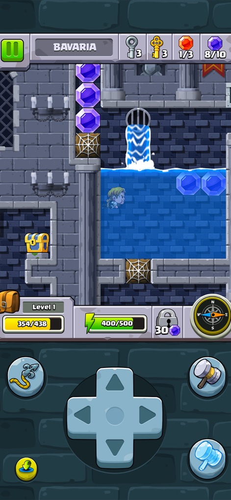 Diamond Quest: Don't Rush! - Observe the Bavaria castle dungeon, featuring dynamic water elements and the challenge of collecting gems submerged in flowing currents.